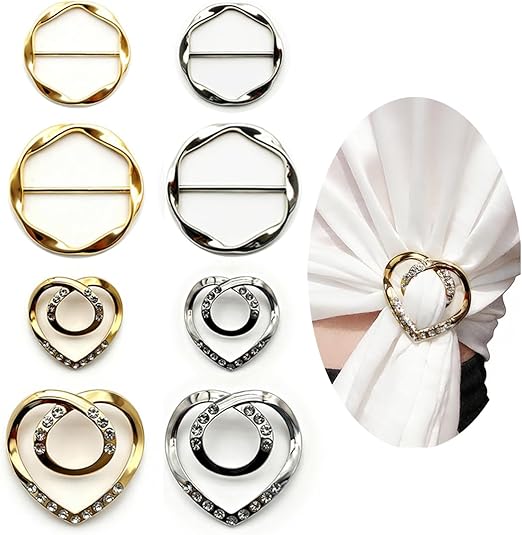 8PCS Scarf Rings and T-Shirt Tie Clips, 2-Size Metal Scarf Holder Set, Gold & Silver Waist Cinch & Shirt Side Tie Accessories for Women