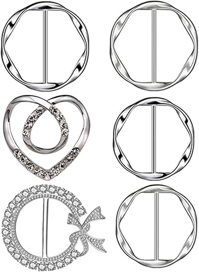 6PCS Silk Scarf Ring Clip T-shirt Tie Clips for Women Waist Buckle for Shirts Clothing Silver Zinc Alloy Clothing Ring Wrap Holder