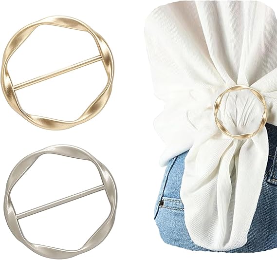 DHATMYC 2PCS Silk Scarf Ring Clip for Women T-shirt Tie Clips Clothing Ring Wrap Holder Fashion Round Circle Clip Belt Buckle (Gold+Silver)