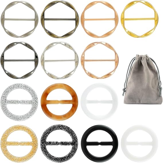 14 PCS Silk Scarf Ring Clip, T-shirt Ties Clips Clothes Corner Knotted Button for Women Shirt Waist Cincher Clips Tightener, Women Fashion Metal Round Circle Shirt Clip with 1 Storage Bag