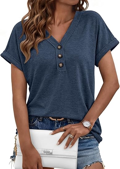 AUTOMET Short Sleeve V Neck T Shirts Womens Summer Business Casual Dressy Tops 2026 Henley Loose Fit Basic Spring Outfit