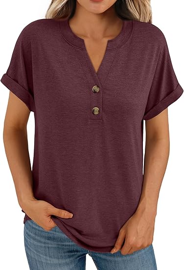 AUTOMET Women’s Short Sleeve Shirts Henley Dressy Casual Summer Tops 2026 Spring Fashion Trendy Cute T-Shirts