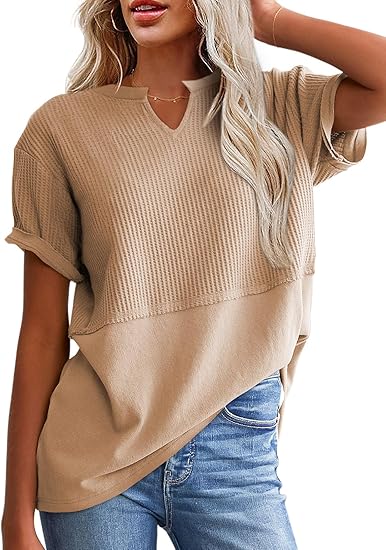 SHEWIN Womens Casual V Neck Waffle Knit Tops Short Sleeve T Shirts Loose Blouses