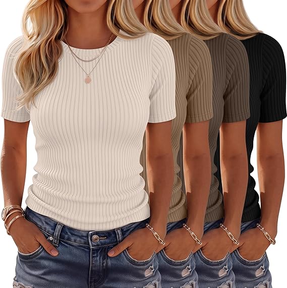 Neer 4 Pack Women’s Ribbed T-Shirts Cotton Short Sleeve Fitted Basic Tops Crew Neck Casual Shirts Summer Trendy Tees 2026