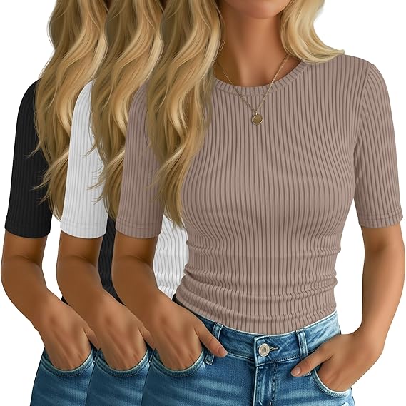 Riyiper 3 Pack Women’s Elbow Length Tops, Half Sleeve Ribbed Cotton T Shirt Crew Neck Summer Tee Slim Fit Casual Blouses