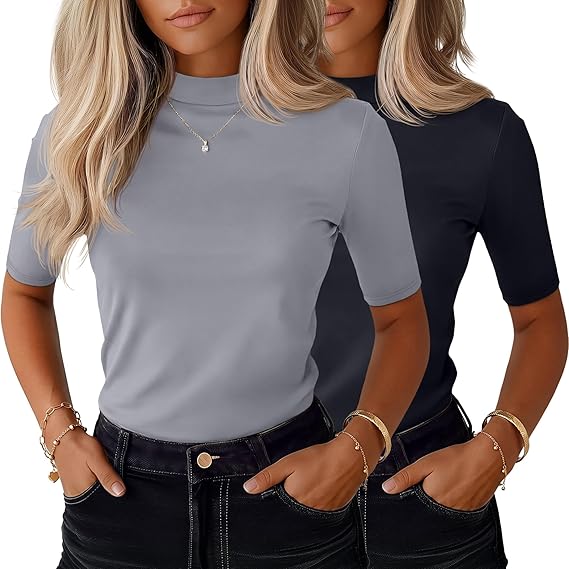 Ficerd 2 Pack Women’s Mock Turtleneck T Shirts, Half Sleeve Business Casual Tunic Tops Slim Fit Summer Basic Dressy Tee Shirt