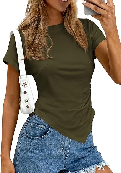 PRETTYGARDEN Womens Asymmetrical Summer Tops 2026 Going Out Shirts Spring Y2K Short Sleeve Crew Neck Ruched Trendy Clothes